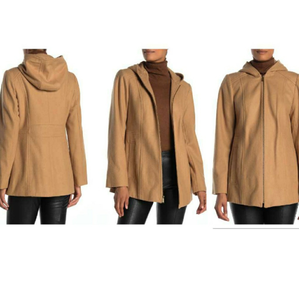 London Fog Hooded Zip Front Wool Blend Coat.